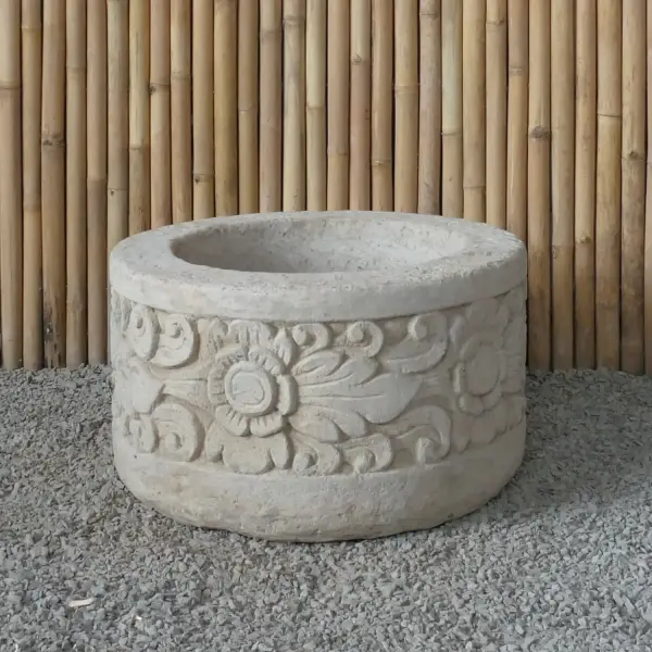 Product image 3 of the product “Balinese style tube round pot, with carving - 70cm Dia., 40 cm Height, Taro sand ”